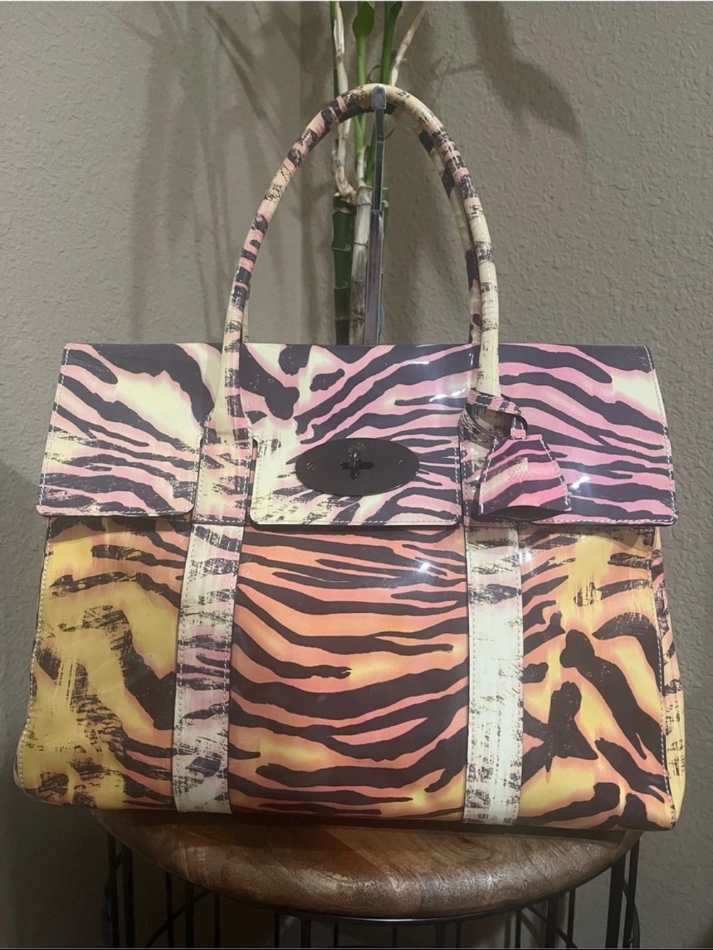 Mulberry Pink and Yellow Zebra Patent Tote